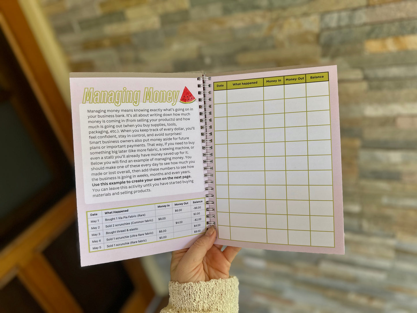 Finance section of the Via Pia Junior Business Guidebook, open to the managing money pages teaching kids pricing and profit.