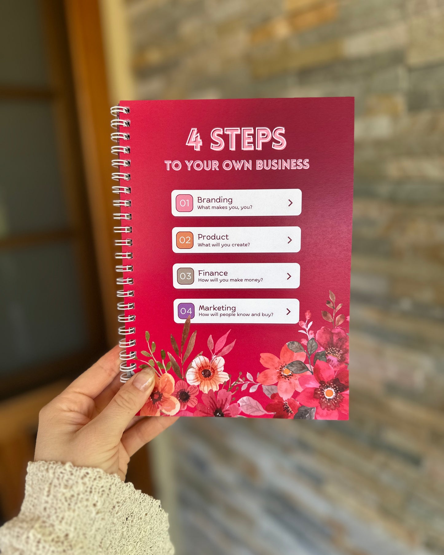 Contents page of the Via Pia Junior Business Guidebook showing four topics: branding, product, finance, and marketing, held in hand.